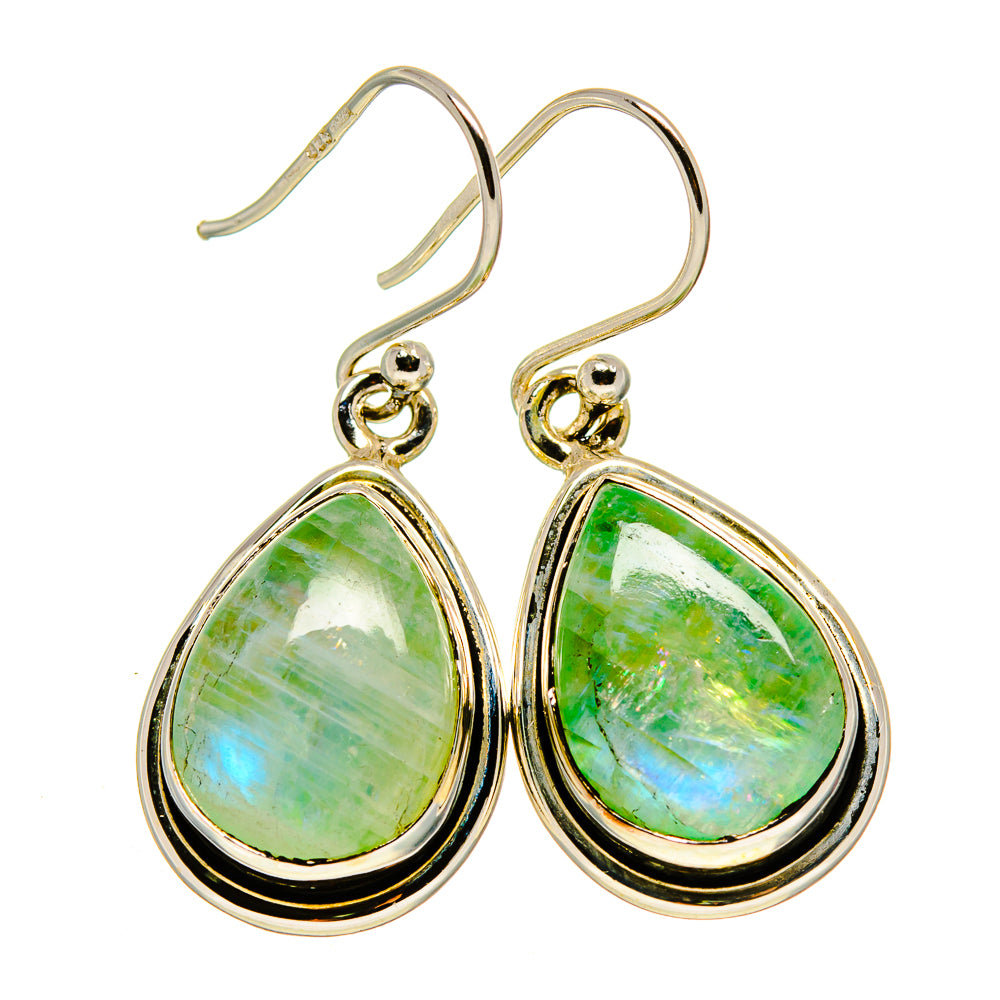 Sterling silver teardrop moonstone dangle earrings, green opalescent stones, lever hooks