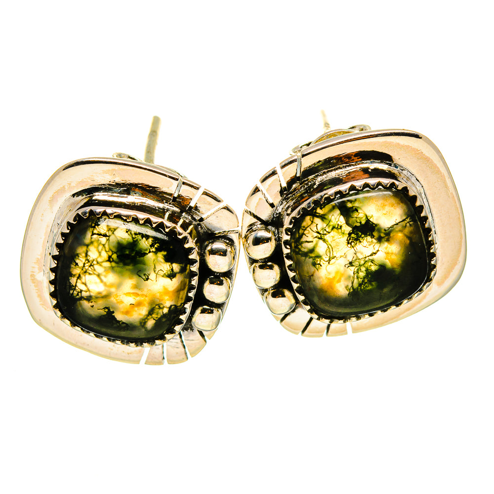 Oval green moss agate stud earrings with halo bezel and latch back