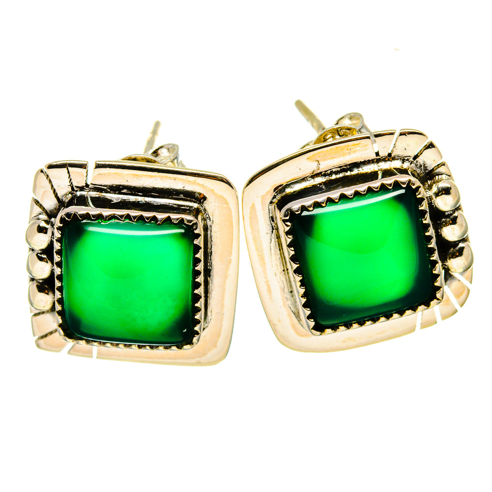Square green onyx stud earrings with ornate silver bezel and gold-tone posts