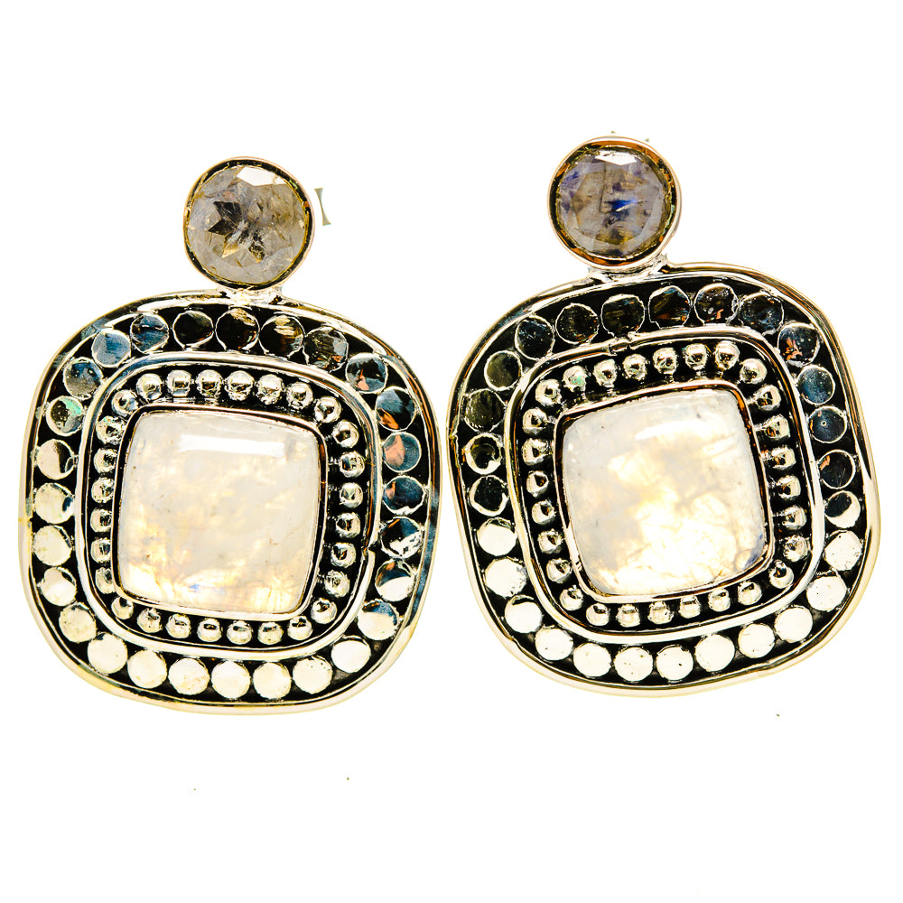 925 sterling silver moonstone drop earrings with top round stone and blue bead trim