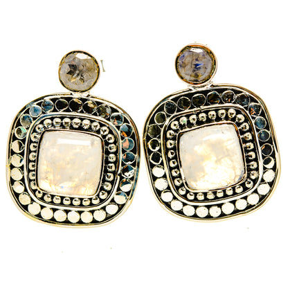 925 sterling silver moonstone drop earrings with top round stone and blue bead trim