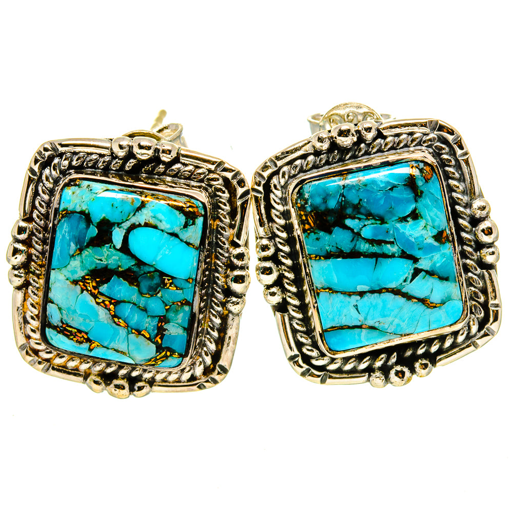 Turquoise stone square stud earrings with silver-tone ornate frames