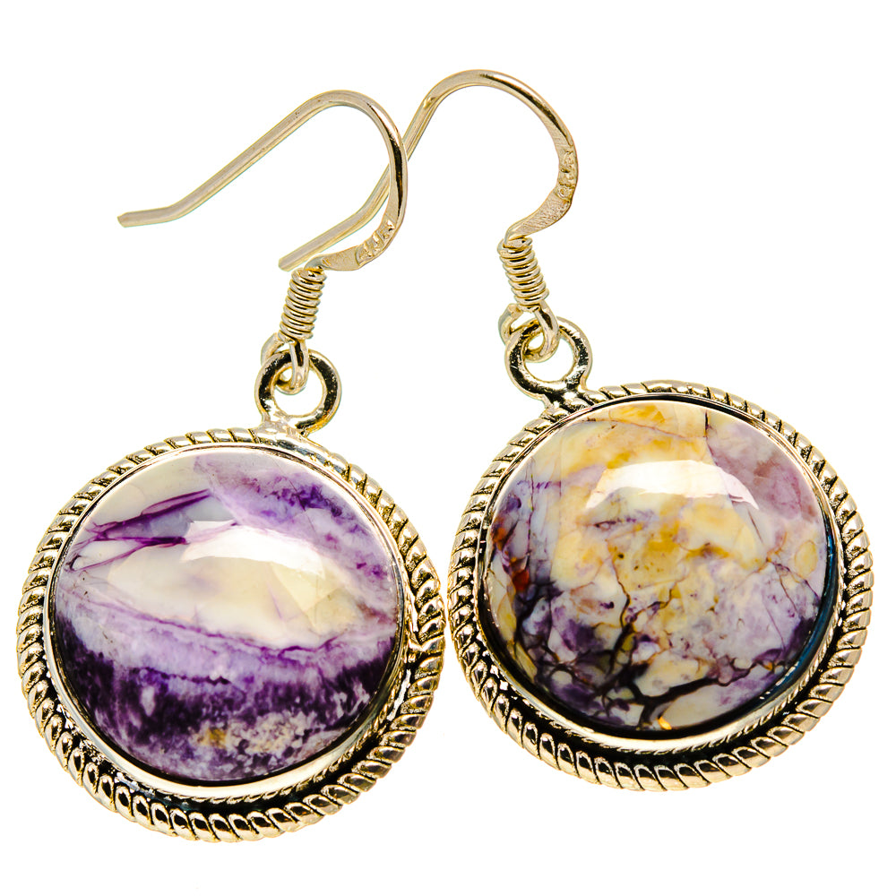 Pair of round stone drop earrings, purple-and-cream cabochon in silver beaded bezel, fishhooks