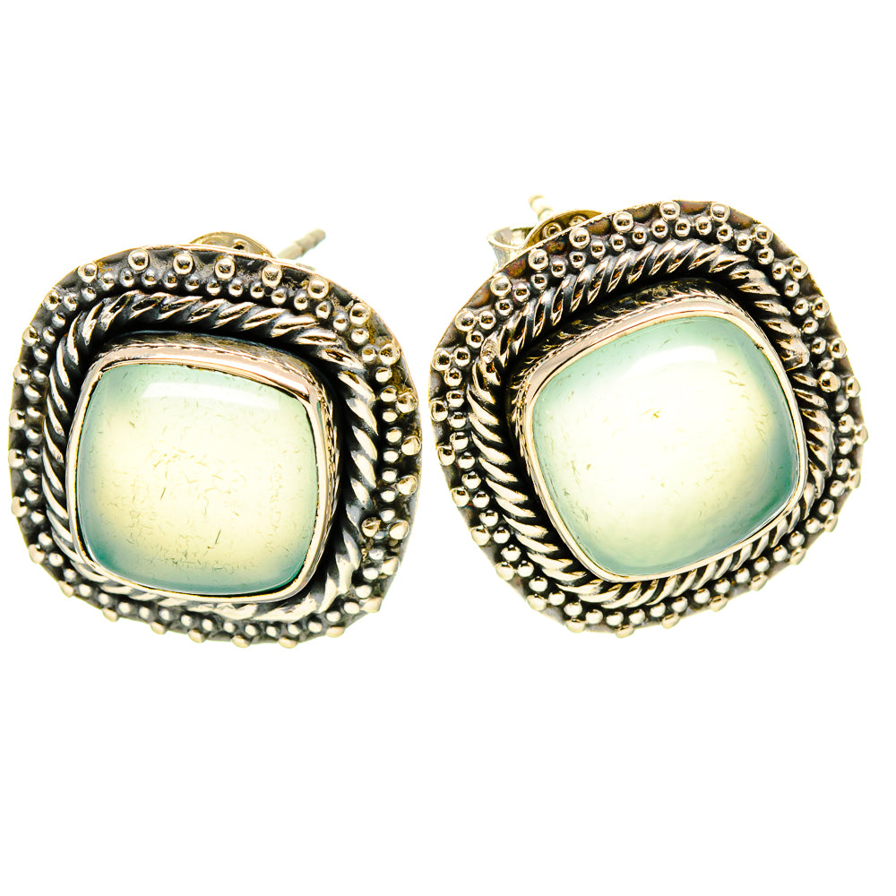 Pair of aqua chalcedony stud earrings in 925 silver with beaded round frames