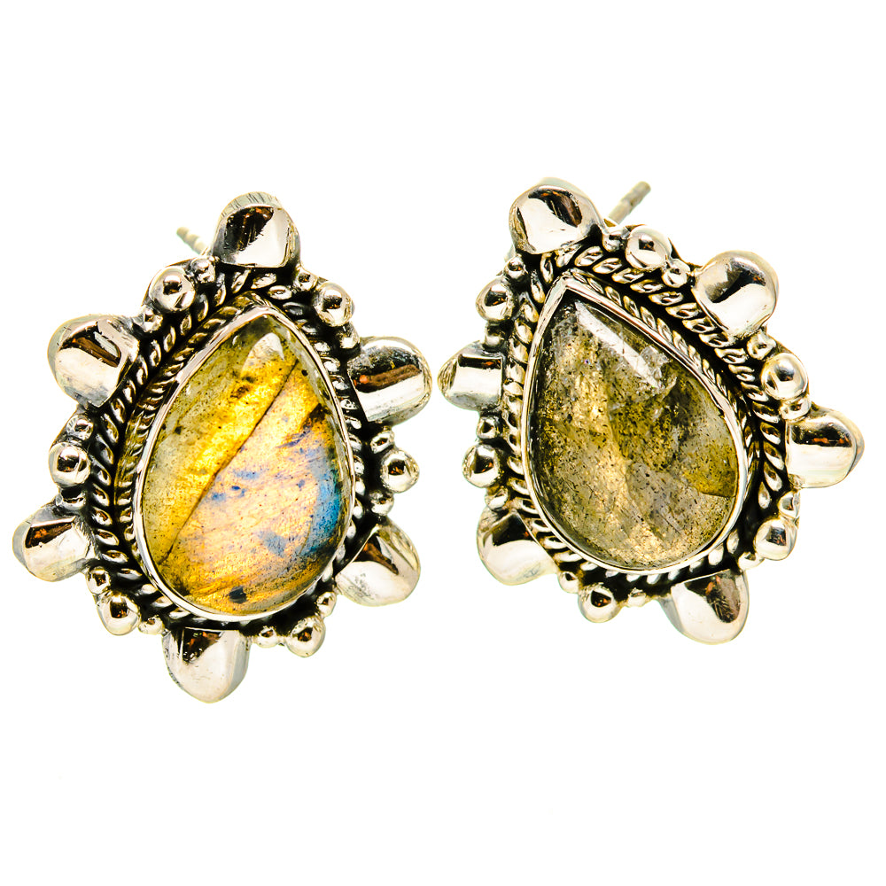 Labradorite stud earrings with oval yellow-green flash gemstone in silver tone bezel