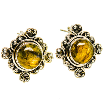 925 sterling silver labradorite earrings with ornate round bezel, yellow green glow