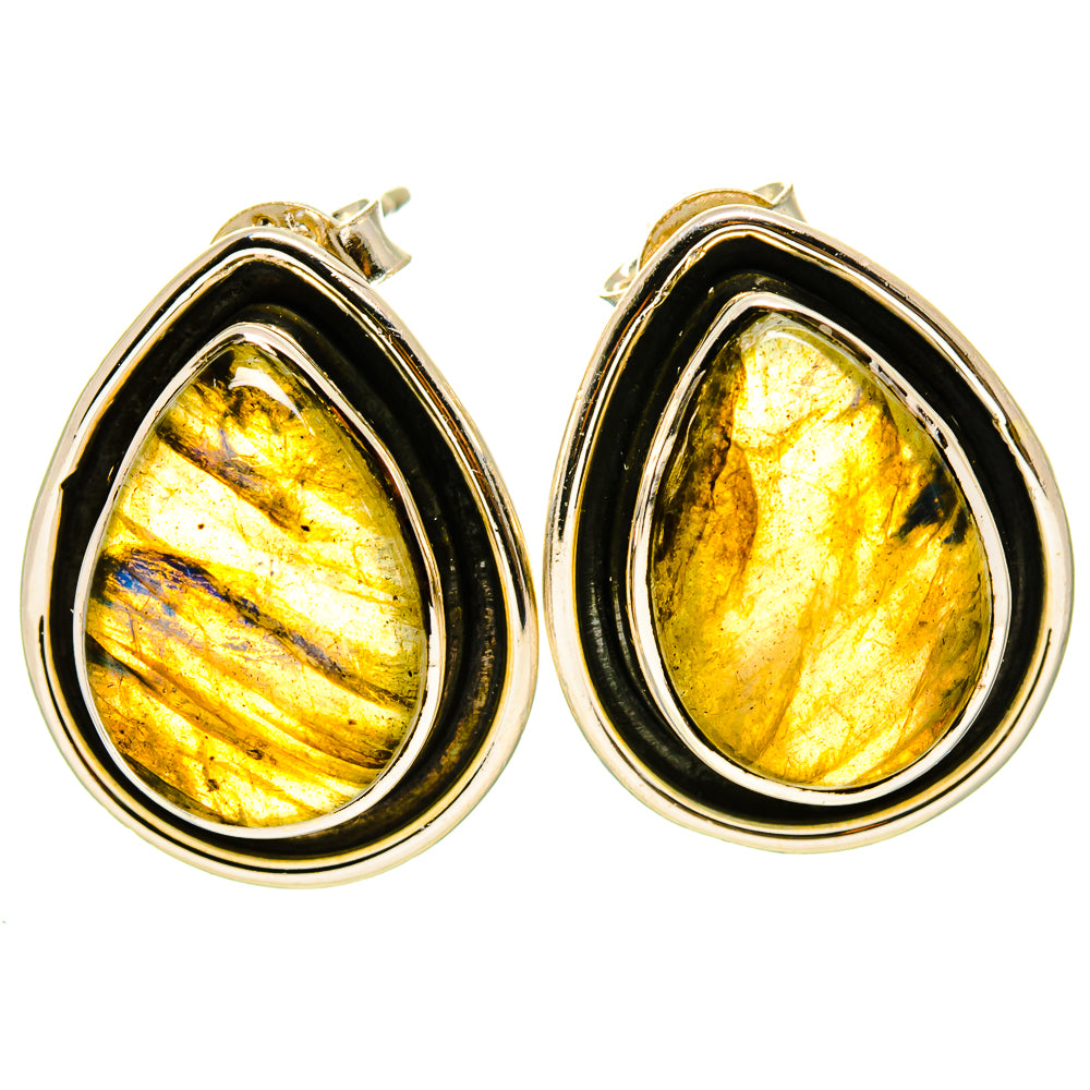 Labradorite teardrop earrings in 925 sterling silver, yellow-gold iridescent stone