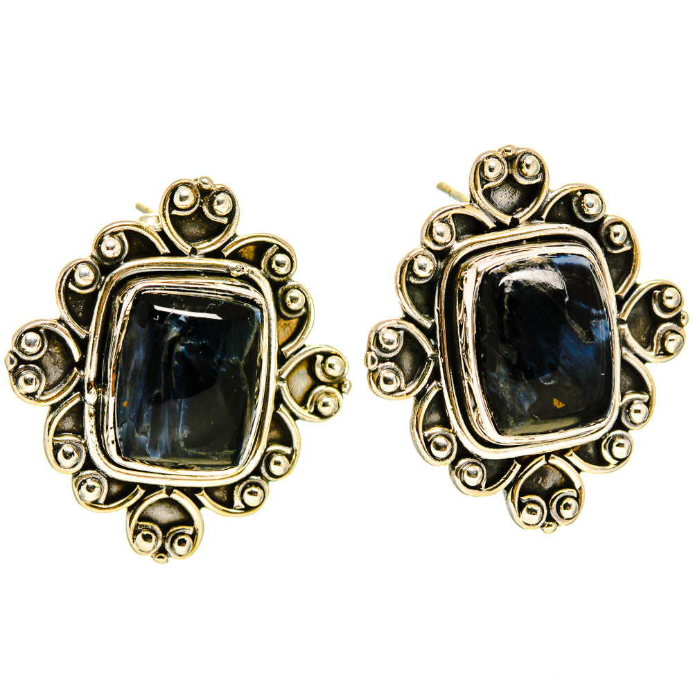 Square pietersite earrings in 925 sterling silver with ornate gold accents