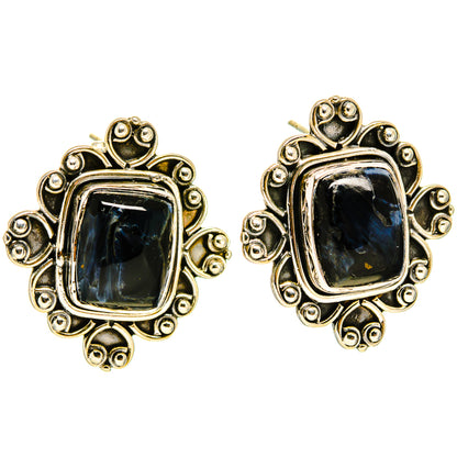 Square pietersite earrings in 925 sterling silver with ornate gold accents