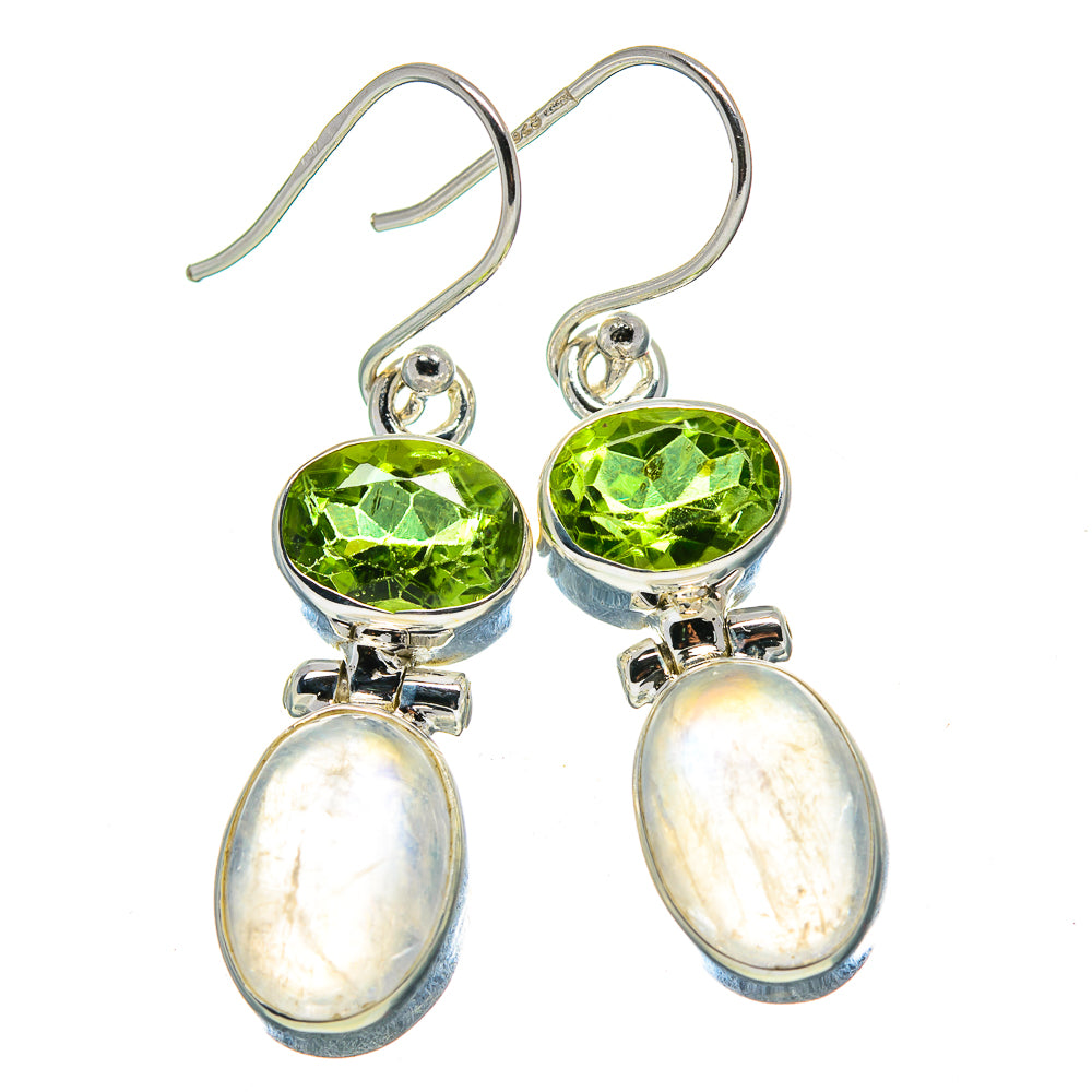 Sterling silver earrings with green peridot ovals and white opal moonstone drops