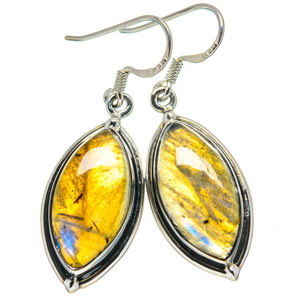 Oval gemstone drop earrings in sterling silver, yellow with blue flash, lever backs