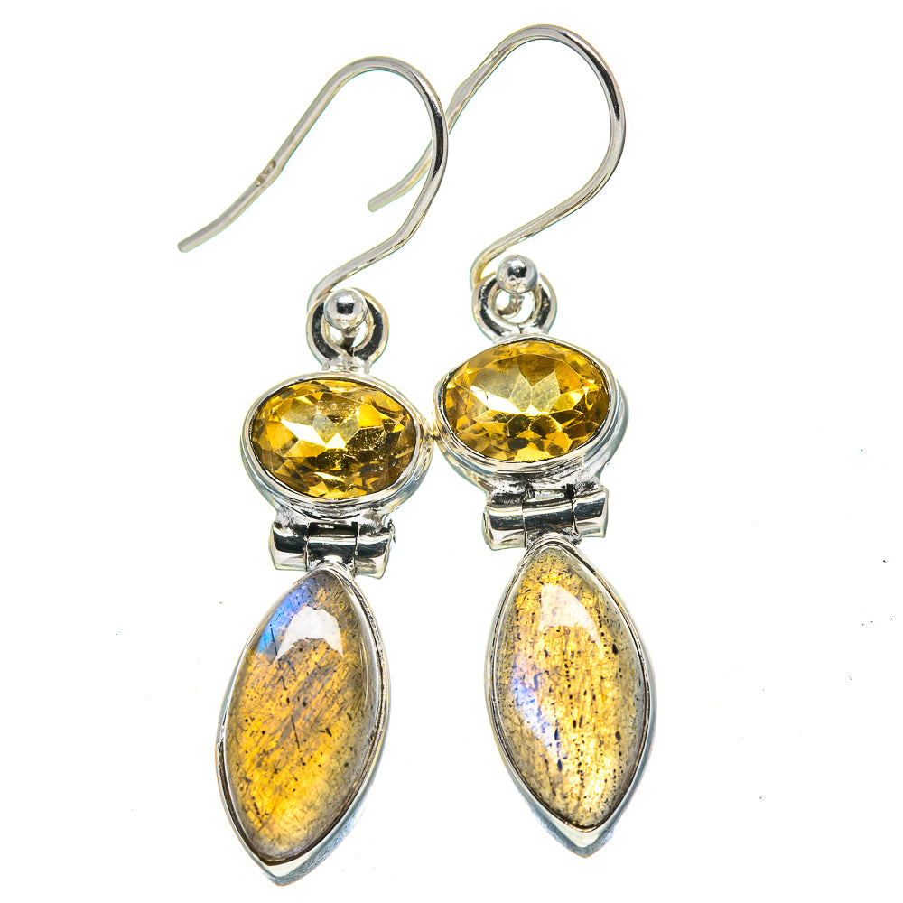 Sterling silver drop earrings with oval yellow citrine and iridescent gold labradorite