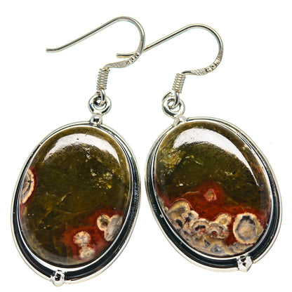 Jasper oval dangle earrings in sterling silver with multicolor green and orange stone