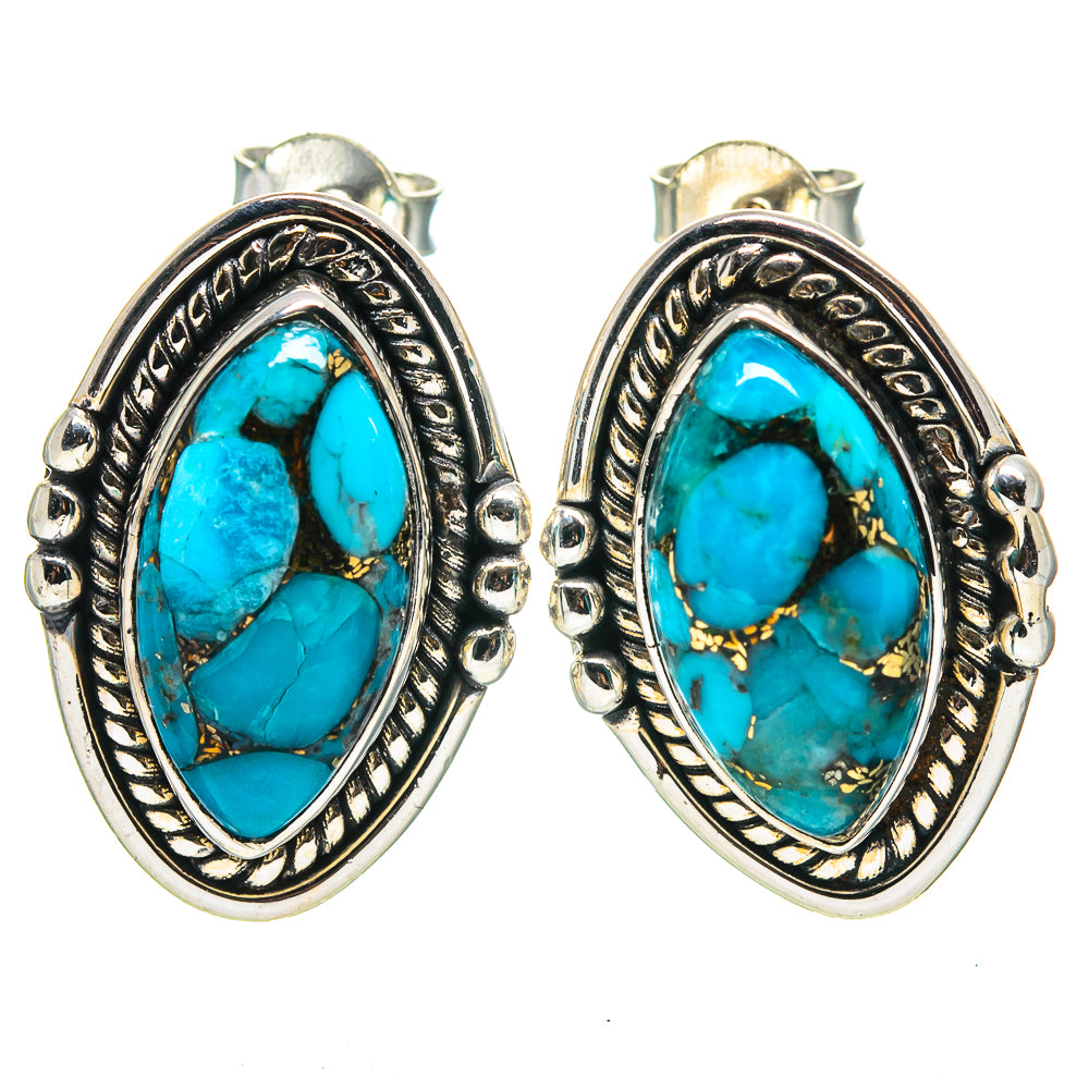Turquoise oval stud earrings in sterling silver, engraved border and teardrop stone