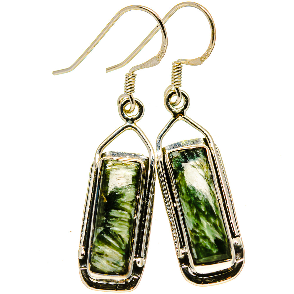 Sterling silver drop earrings with rectangular green seraphinite stones, oval hooks
