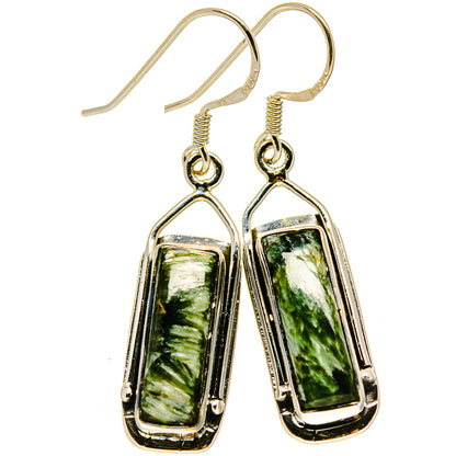 Sterling silver drop earrings with rectangular green seraphinite stones, oval hooks
