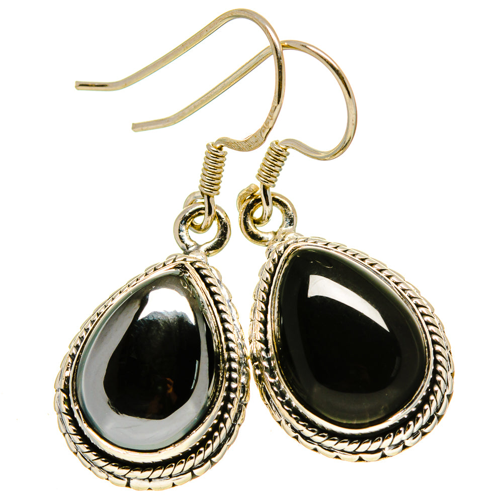 Teardrop black onyx drop earrings with braided silver bezel and fishhook backs