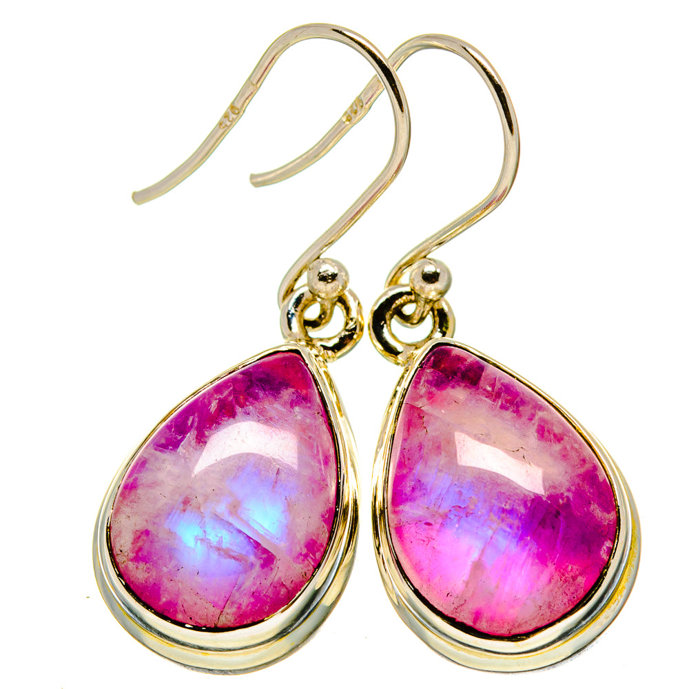 Pink moonstone teardrop drop earrings with silver-tone bezel and french hooks