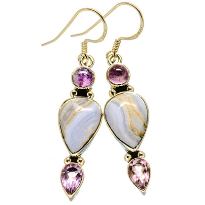 Sterling silver drop earrings with purple amethyst and white lace agate teardrops