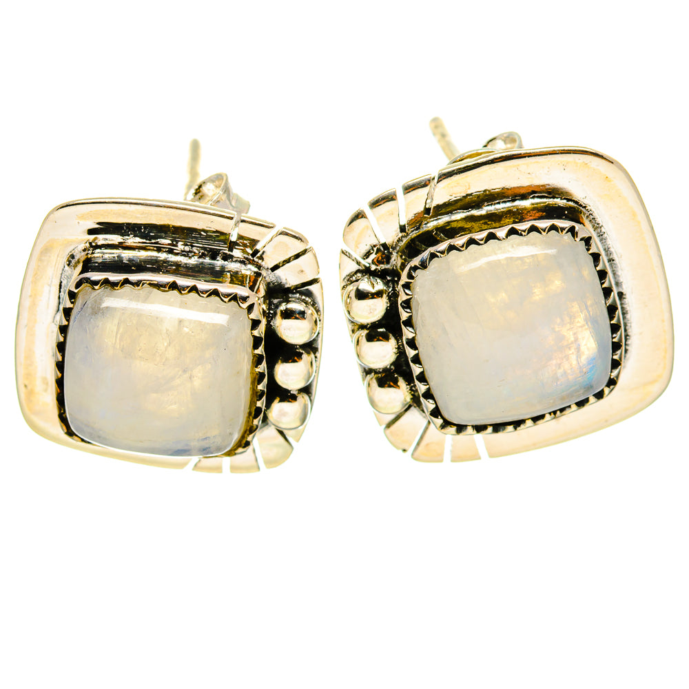 Moonstone cabochon stud earrings with square bezel and round prong details, silver