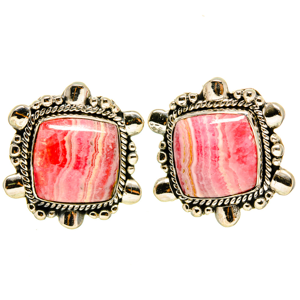 Square rhodochrosite-stone earrings in silver bezel with bead and rope border