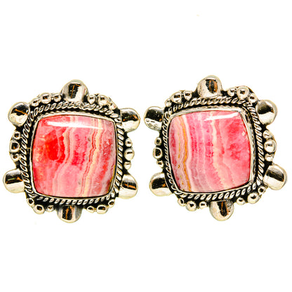 Square rhodochrosite-stone earrings in silver bezel with bead and rope border