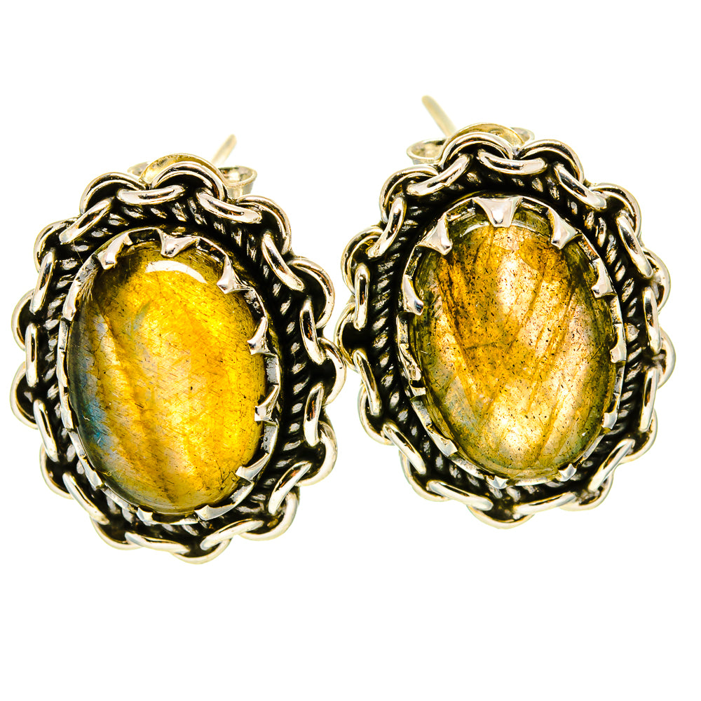 Oval labradorite stud earrings in ornate 925 sterling silver frames