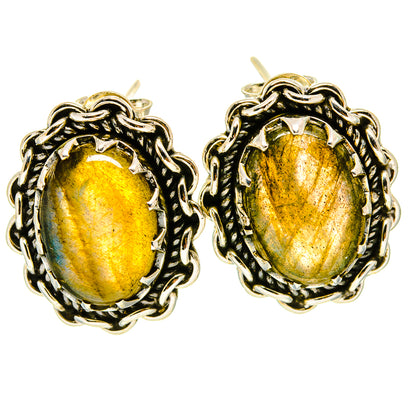 Oval labradorite stud earrings in ornate 925 sterling silver frames