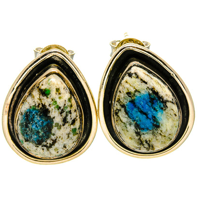 Pair of teardrop azurite cabochon earrings with sterling silver bezel frames