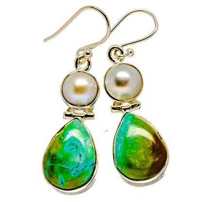 Gold-tone earrings with round cultured pearls and green turquoise teardrop drops