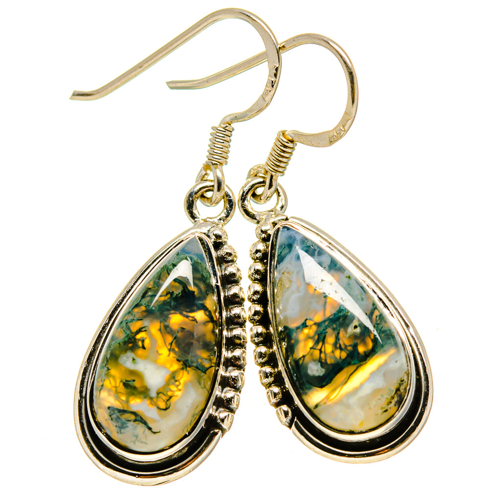 Teardrop moss agate earrings, green-and-yellow stones, sterling silver hooks