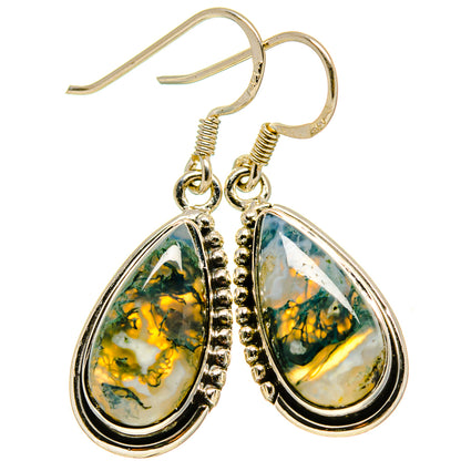Teardrop moss agate earrings, green-and-yellow stones, sterling silver hooks