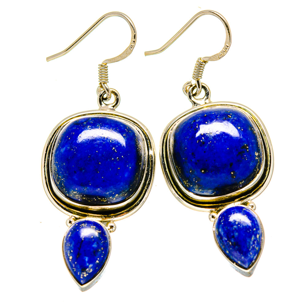 Gold-tone lapis lazuli earrings with round stone and teardrop dangles