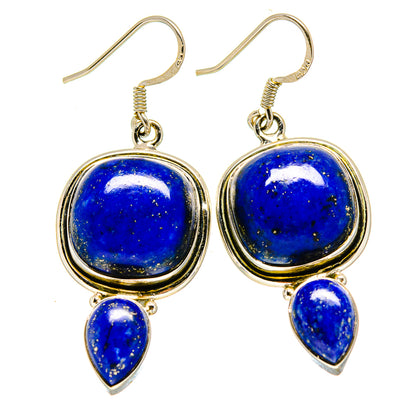 Gold-tone lapis lazuli earrings with round stone and teardrop dangles