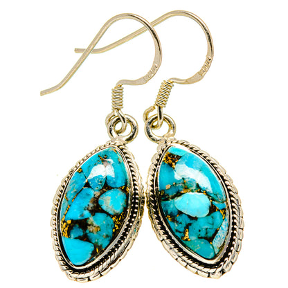 Turquoise oval dangle earrings, silver-tone scalloped bezel with fishhook closures