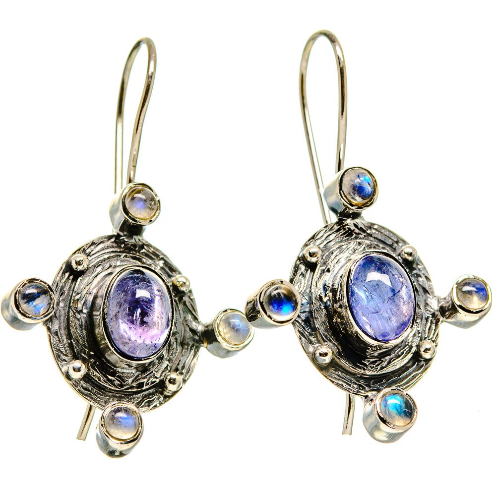 Silver-tone oval drop earrings with purple tanzanite center and blue moonstone accents