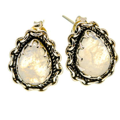 Oval moonstone earrings in gold-tone 925 sterling silver with ornate rope frames