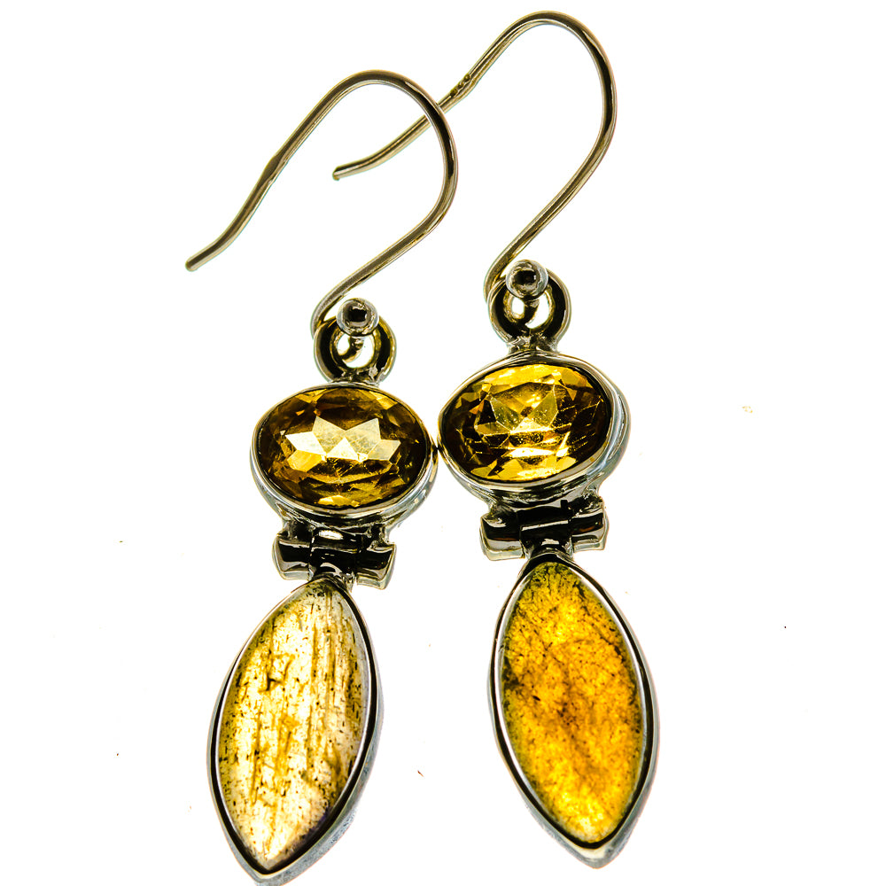 Sterling silver drop earrings with yellow round stones and gold teardrop stones