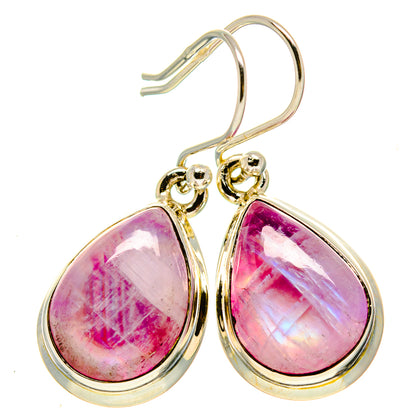 Pink teardrop moonstone earrings with gold-tone frames and silver hooks