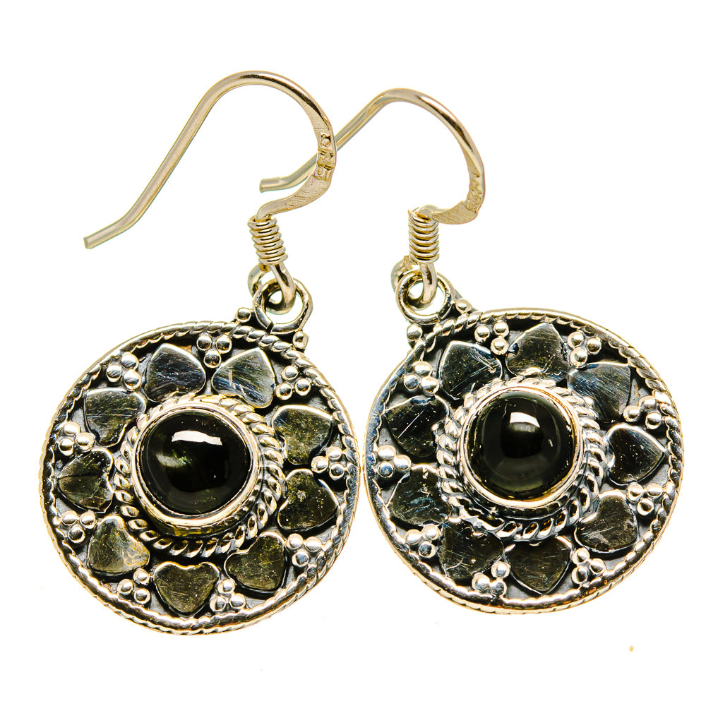 Sterling silver diopside earrings with round dark green gemstone and ornate frame