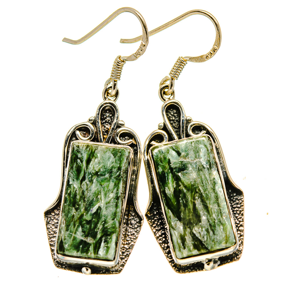 Seraphinite drop earrings with rectangular green marbled stones and ornate silver settings