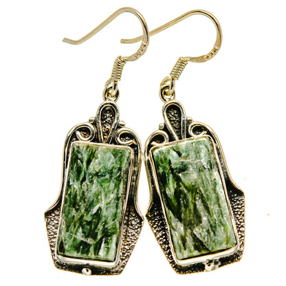 Seraphinite drop earrings with rectangular green marbled stones and ornate silver settings