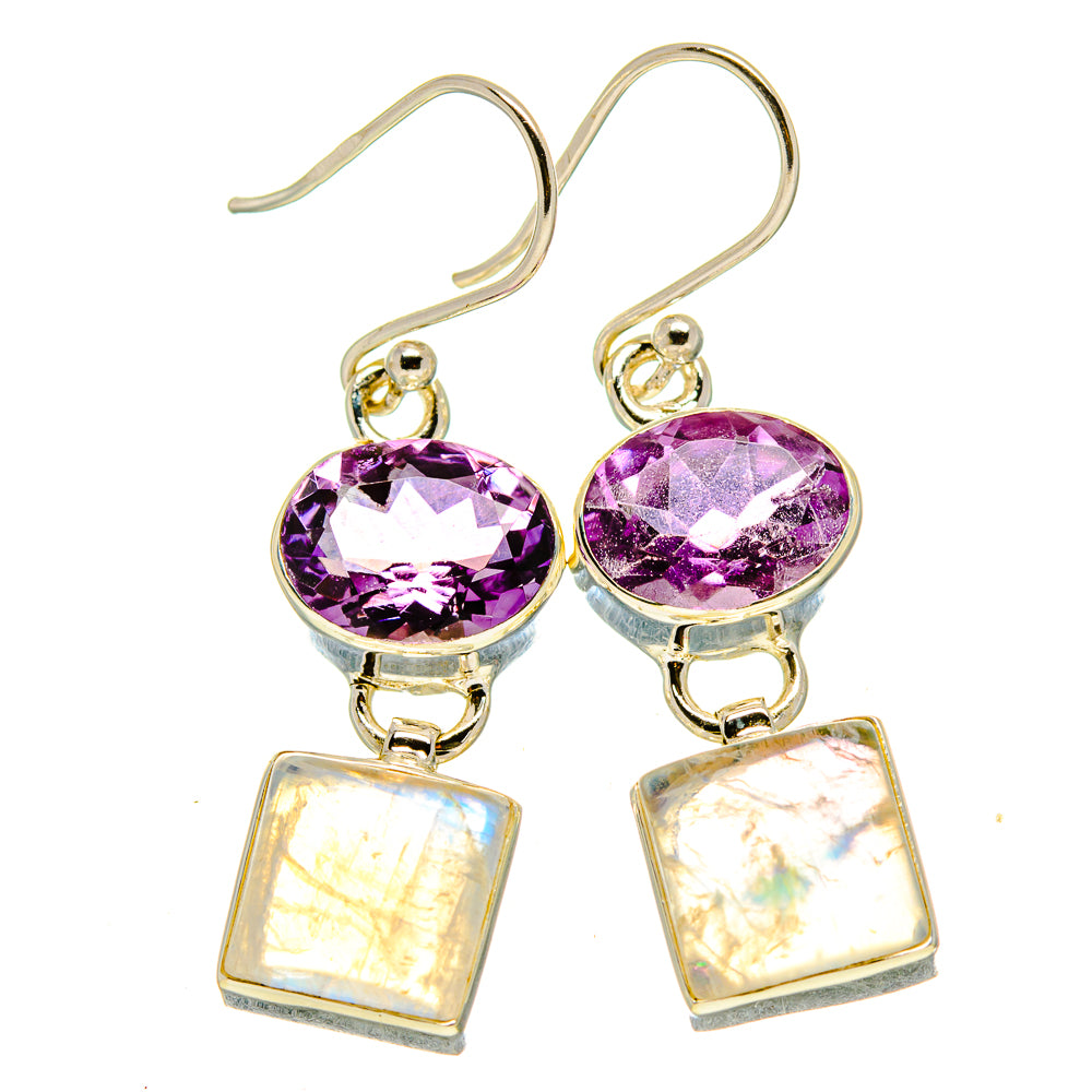 Gold-tone amethyst oval dangle earrings with square rainbow moonstone charms