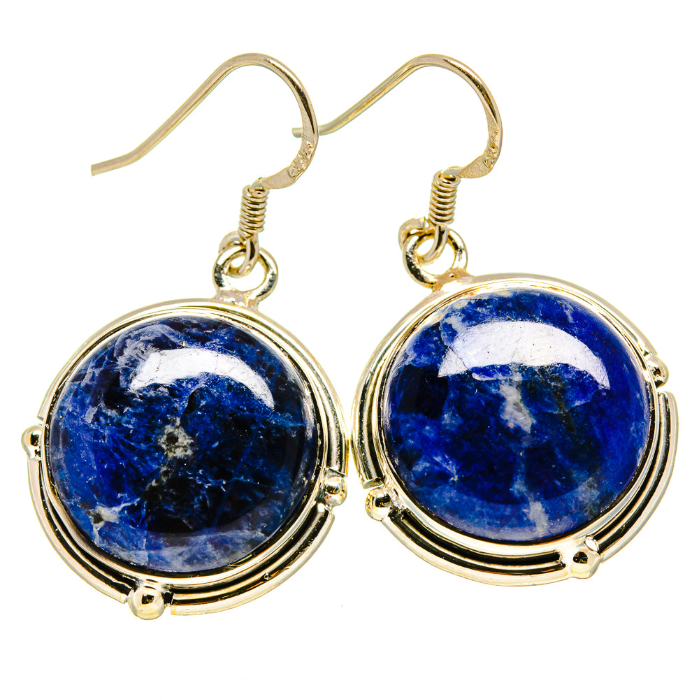 Pair of round blue sodalite dangle earrings in 925 sterling silver, fishhook