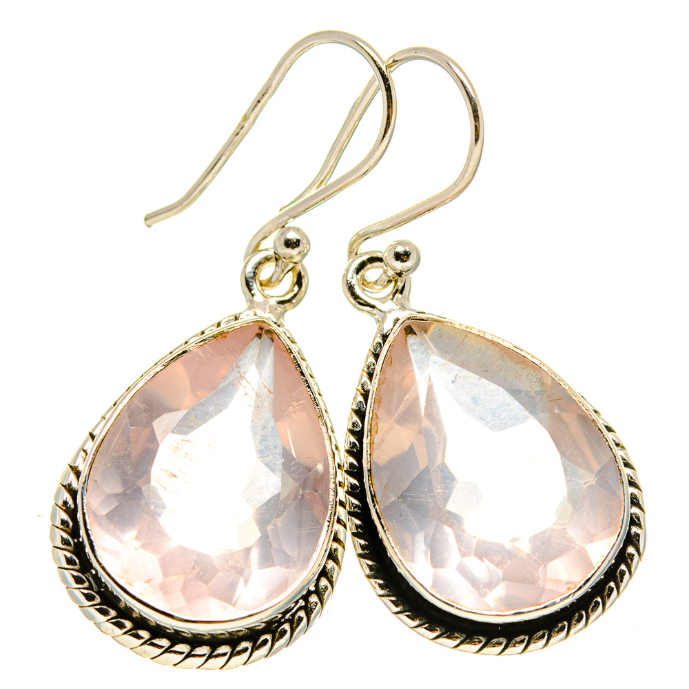 925 sterling silver teardrop earrings with faceted pale pink rose quartz, ornate borders