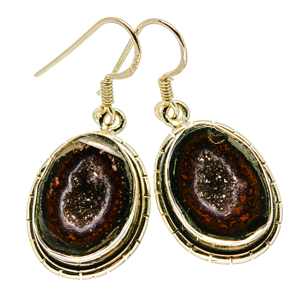Gold-tone sterling silver drop earrings with oval dark druzy stones and spiral hook details