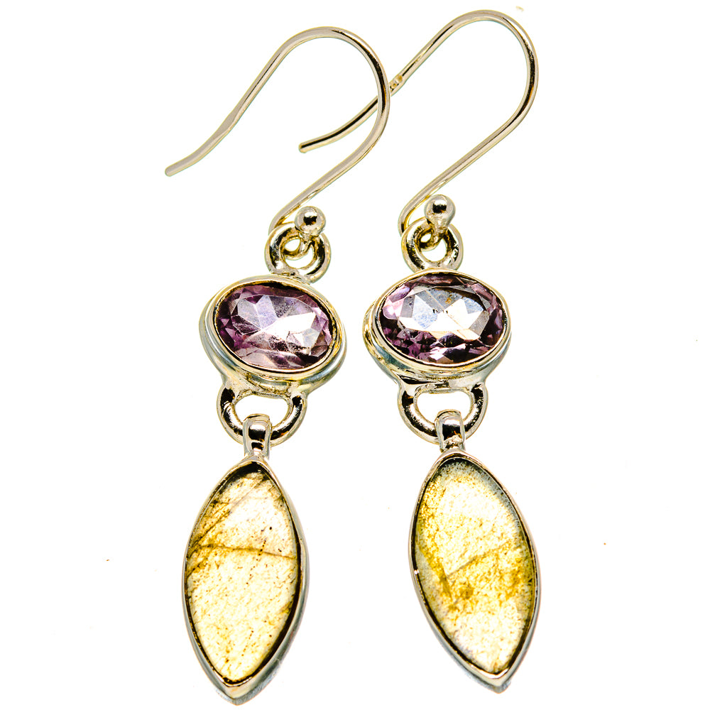 925 sterling silver drop earrings with round purple gemstone and oval iridescent dangles