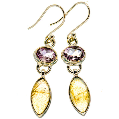 925 sterling silver drop earrings with round purple gemstone and oval iridescent dangles