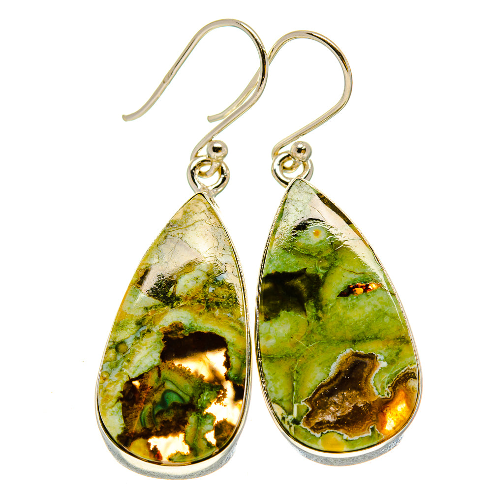 Sterling silver teardrop opal drop earrings, green and gold marbled stones