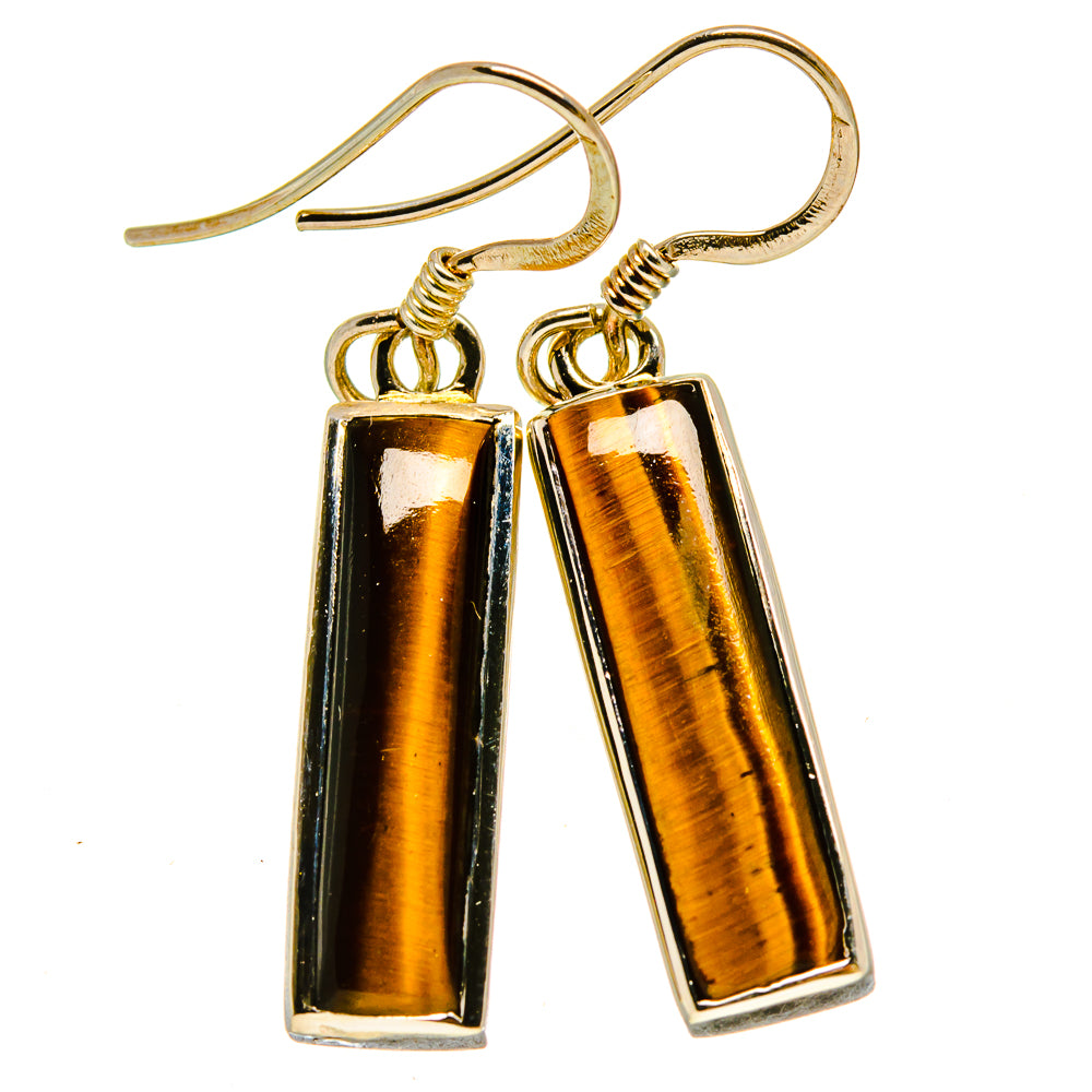 Tiger eye dangle earrings with silver hooks and gold-brown bar pendants